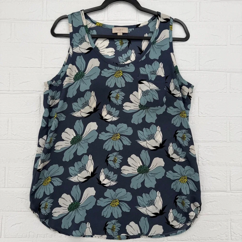 LOFT Outlet Tank Top Women Sz M Blue Floral Sleeveless Pocket Scoop Neck Blouse